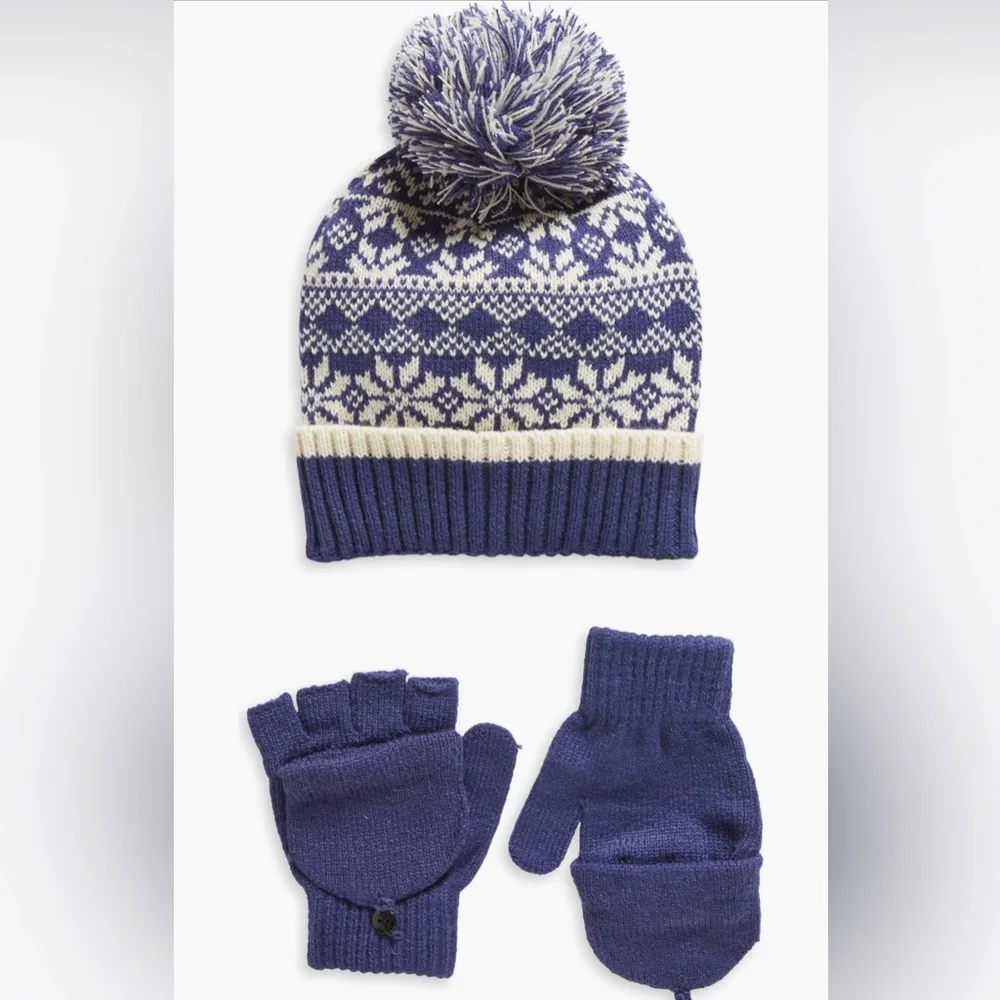 Nordstrom Kids Fair Isle Pom Beanie and Mittens Set in Blue and White